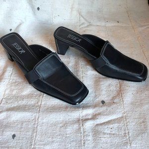 Jessica Navy Leather Square-Toe Shoes Block Heel Mules, Size US 9